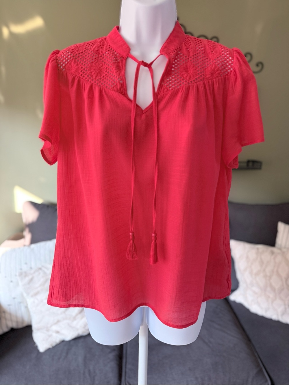 Nanette Lepore Coral Tie-Neck Crochet Yoke Blouse